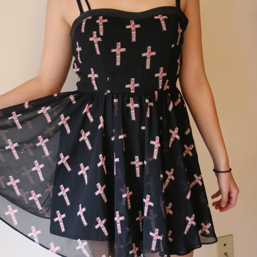 Black forever21 dress with pink crosses (size m)